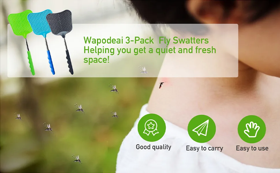 Wapodeai 3 pcs Fly Swatter Fly Swatter PlasticTelescopic Fly Swatters Large Bug Swatter That Work for Indoor and Outdoor. (Black Blue Green) - Fly Swatter