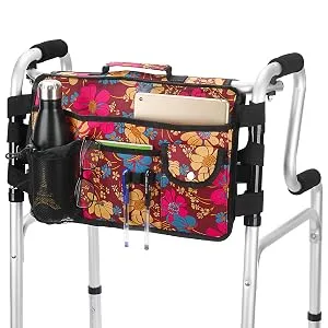 Walker Bag-Double Sided Walker Pouch with 9 Pockets for Large Capacity Water Resistant Tote Folding Walker Basket Caddy Universal fit Walker rollator (Flower) - double walker bag