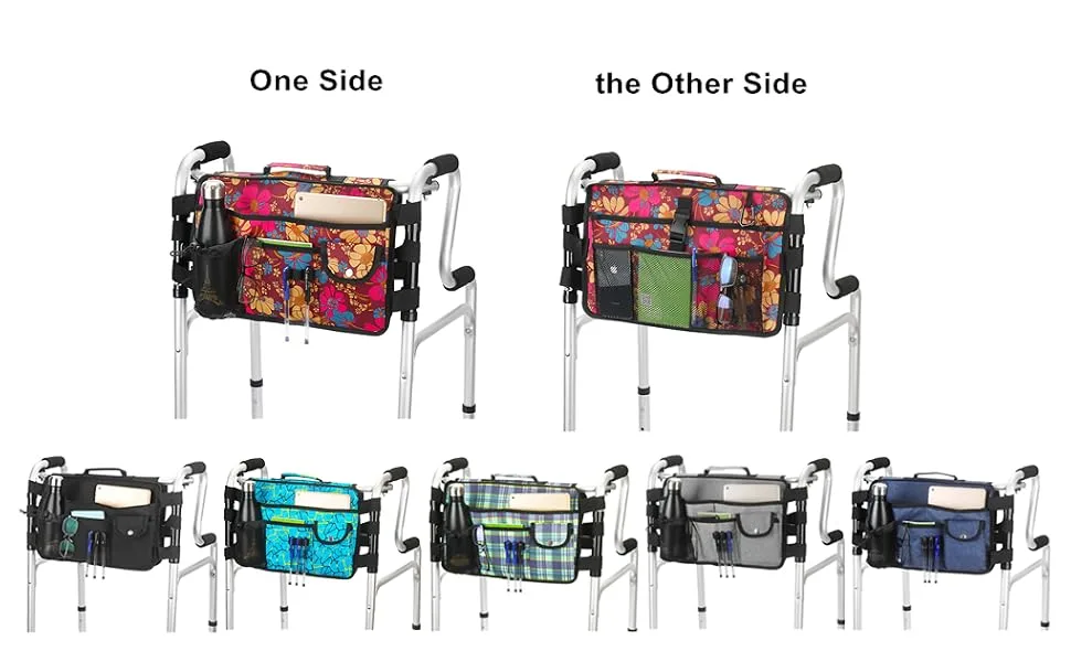Walker Bag-Double Sided Walker Pouch with 9 Pockets for Large Capacity Water Resistant Tote Folding Walker Basket Caddy Universal fit Walker rollator (Flower) - walker bag