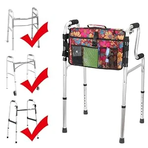 Walker Bag-Double Sided Walker Pouch with 9 Pockets for Large Capacity Water Resistant Tote Folding Walker Basket Caddy Universal fit Walker rollator (Flower) - walker caddy