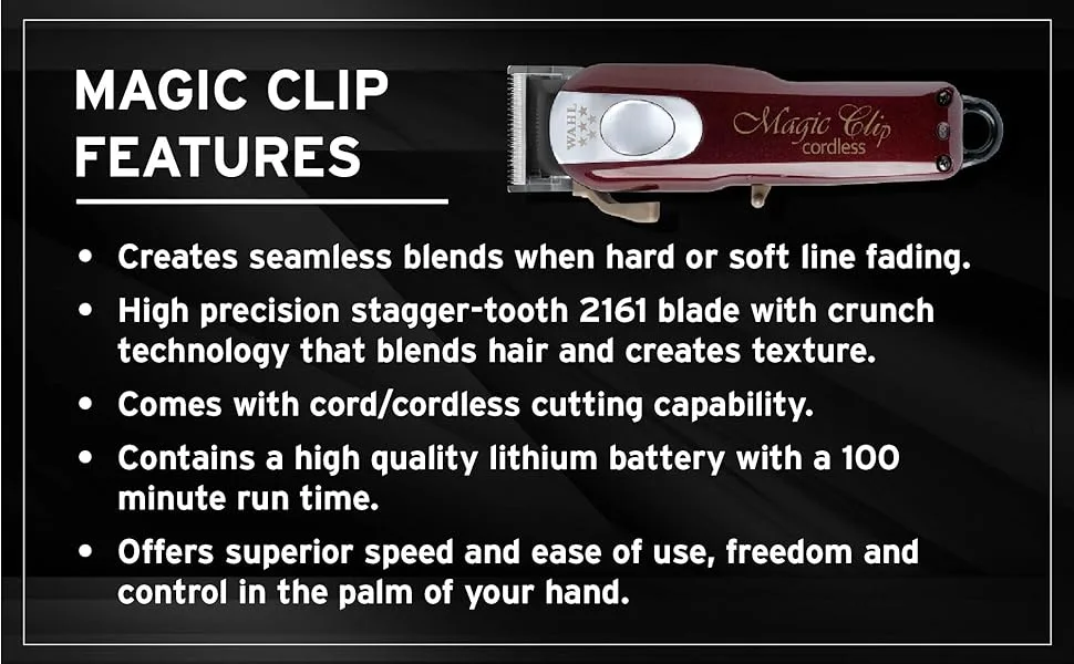 Wahl Professional 5 Star Cordless Magic Clip Hair Clipper with 100 Minute Run Time for Professional Barbers and Stylists - Magic Clip Features