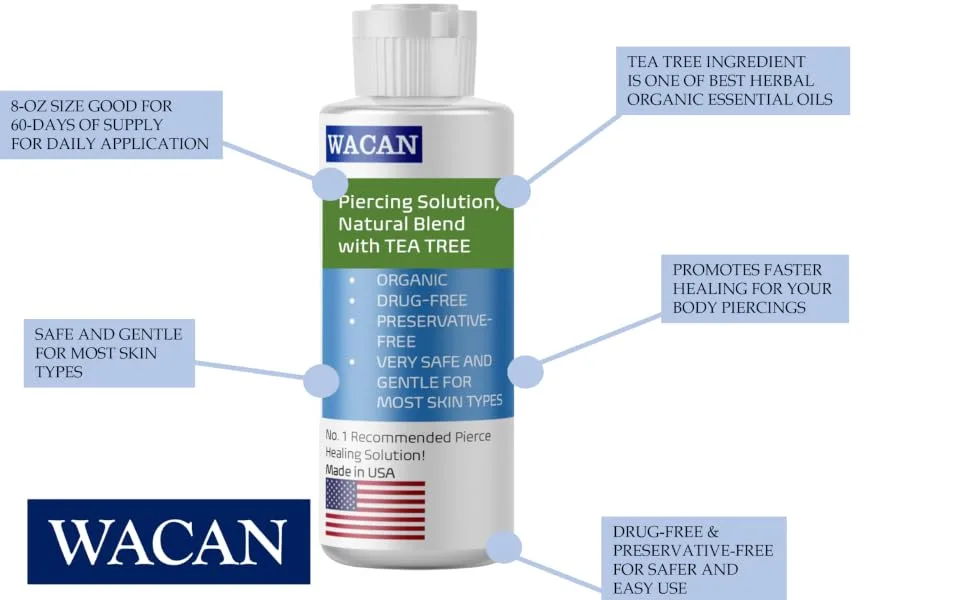 WACAN FAST-HEALING PIERCING TEA TREE SALINE SOLUTION ORGANIC ESSENTIAL OIL Natural Sea Salts and Vitamins Piercing Aftercare Solution (8 Ounce (Pack of 1)) - Wacan Tea Tree Piercing Solution