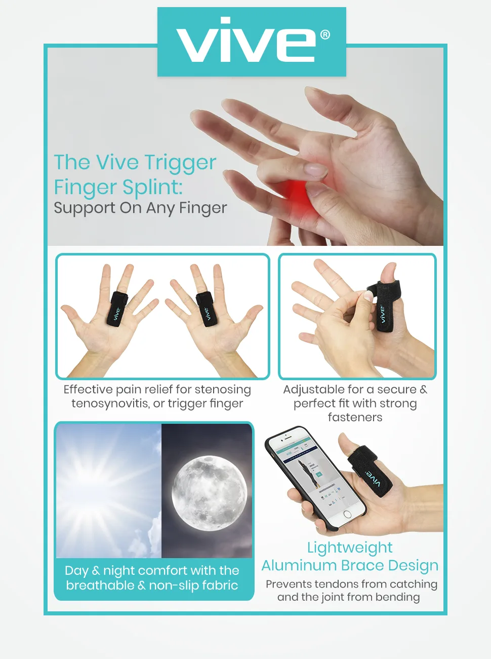 Vive Trigger Finger Splint - Support Brace for Middle Ring Index Thumb and Pinky - Straightening Curved Bent Locked and Stenosing Tenosynovitis Hands - Tendon Lock Release Stabilizer Knuckle Wrap Single Black - Vive Trigger Finger Splint - Support Brace for Middle, Ring, Index, Thumb and Pinky - Straightening