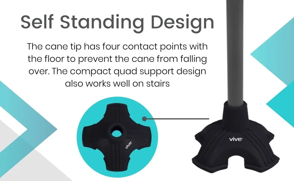 Vive Cane Tip - Quad Rubber Replacement Foot Pad for Walking Canes - Stable Four Point Self Standing Quadruple Tripod Stand for Cane - Universal 4 Leg Attachment for Walking Stick (Black) - Vive Cane Tip - Quad Rubber Replacement Foot Pad for Walking Canes Stable Four Point, Self Standing