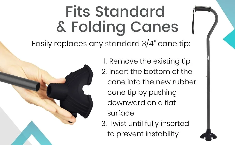 Vive Cane Tip - Quad Rubber Replacement Foot Pad for Walking Canes - Stable Four Point Self Standing Quadruple Tripod Stand for Cane - Universal 4 Leg Attachment for Walking Stick (Black) - Vive Cane Tip - Quad Rubber Replacement Foot Pad for Walking Canes Stable Four Point, Self Standing