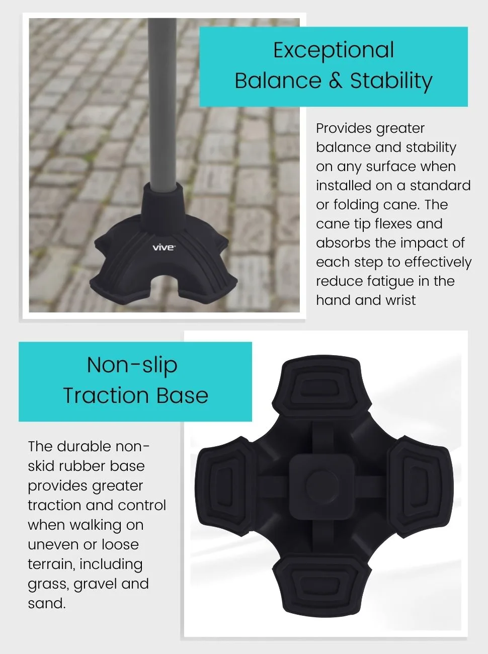 Vive Cane Tip - Quad Rubber Replacement Foot Pad for Walking Canes - Stable Four Point Self Standing Quadruple Tripod Stand for Cane - Universal 4 Leg Attachment for Walking Stick (Black) - Vive Cane Tip - Quad Rubber Replacement Foot Pad for Walking Canes Stable Four Point, Self Standing