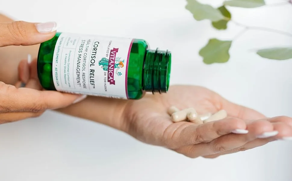 Vitanica Cortisol Relief Dr. Formulated Sleep Stress Cortisol Manager Supplement Vegan 60 Capsules (Cortisol Relief) - Cortisol caps poured into hand