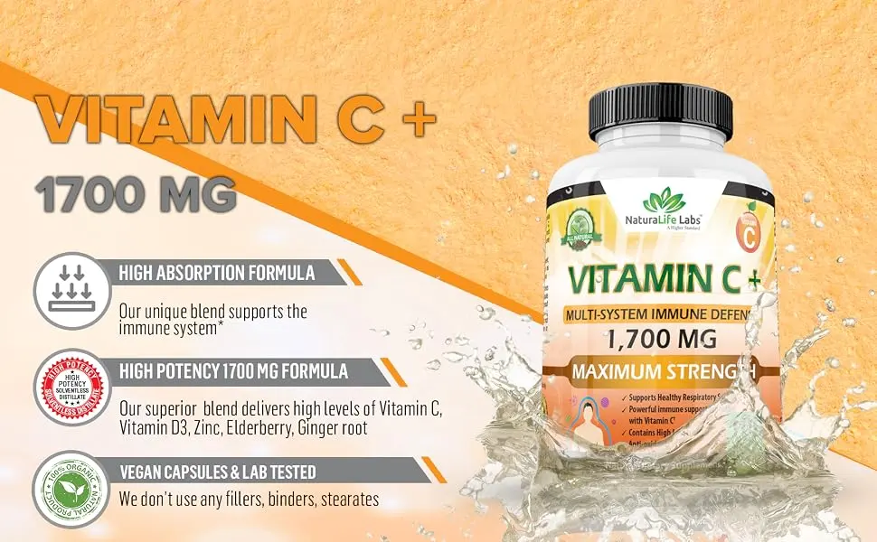 Vitamin C 1700 MG with Vitamin D3 Zinc Elderberry Ginger Root - Maximum Strength Multi System Immune Support- 100 Veggie Capsules - Vitamin C