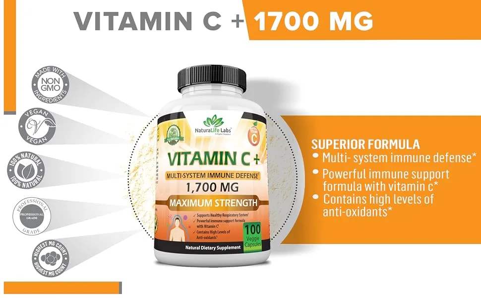 Vitamin C 1700 MG with Vitamin D3 Zinc Elderberry Ginger Root - Maximum Strength Multi System Immune Support- 100 Veggie Capsules - Vitamin C immune support