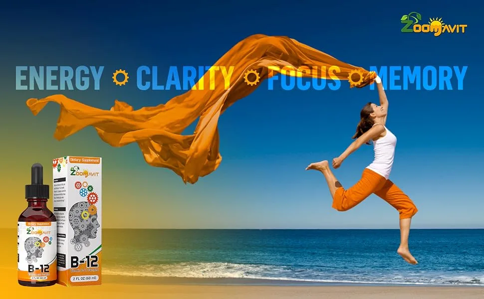 Vitamin B Complex Liquid Drops with Fast Absorption - Super B Liquid Complex Vitamins B2 B3 B5 B6  B12 - Natural Energy Boost Mental Focus  Healthy Immune System - Zoomavit Vitamin Supplements
