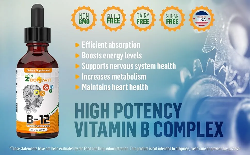Vitamin B Complex Liquid Drops with Fast Absorption - Super B Liquid Complex Vitamins B2 B3 B5 B6  B12 - Natural Energy Boost Mental Focus  Healthy Immune System - Zoomavit Vitamin Supplements
