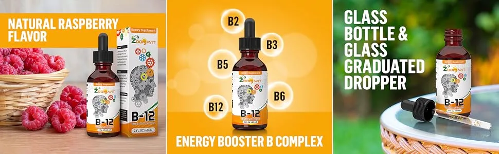 Vitamin B Complex Liquid Drops with Fast Absorption - Super B Liquid Complex Vitamins B2 B3 B5 B6  B12 - Natural Energy Boost Mental Focus  Healthy Immune System - Zoomavit Vitamin Supplements