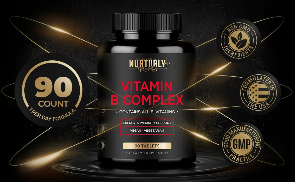Vitamin B Complex - Contains All Essential B Vitamins - B1 B2 B3 B5 B6 B7 B9 B12 and Biotin - Super B Complex Vitamins for Energy Immunity and Mood Support - 90 Tablets 90 Count (Pack of 1) - super vitamin b complex vitamin b-complex