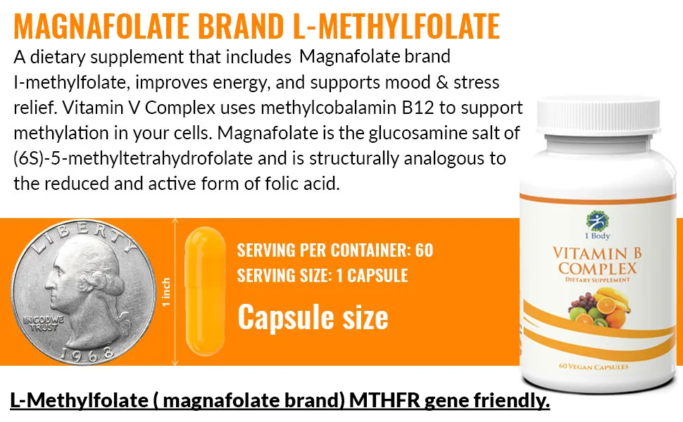 Vitamin B Complex  5-MTHF Folate with B1 B2 B5 B6 Methyl B12 Niacin Biotin  Wide Range of Benefits for Stress Heart Health Nervous System Support Healthy Brain Function - product information 17