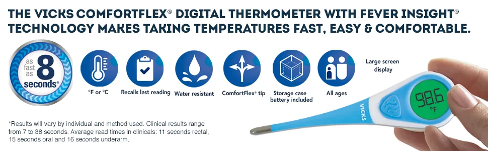 Vicks ComfortFlex Digital Thermometer  Accurate Color Coded Readings in 8 Seconds - Digital Thermometer for Oral Rectal or Under Arm Use - features