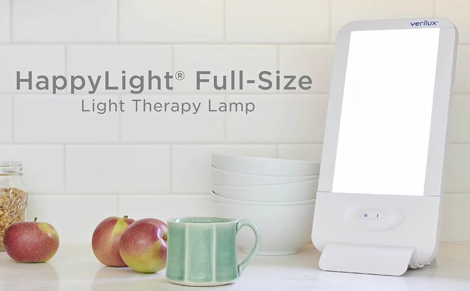 Verilux HappyLight Full-Size - UV-Free Therapy Lamp Bright White Light with 10000 Lux Adjustable Brightness 2 Interchangeable Lenses Detachable Stand and Wall Mountable - HappyLight Full-Size