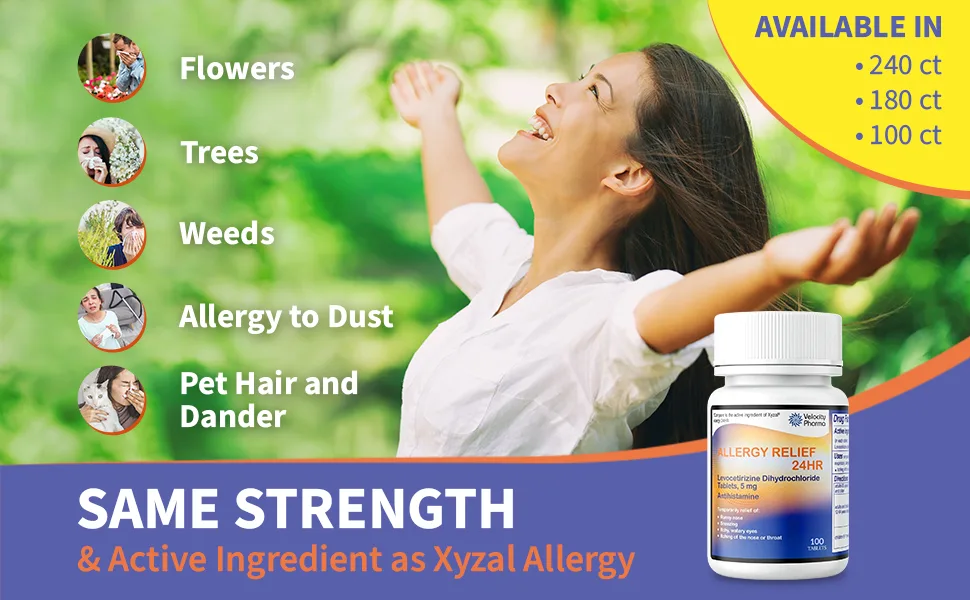 Velocity Pharma Levocetirizine Dihydrochloride Tablets USP 5mg  24 Hour Allergy Relief  180 Count 180 Count (Pack of 1) - allergy medicine