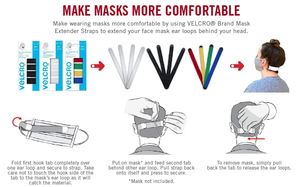 VELCRO Brand Face Mask Extender Straps 4pk Black 12 x 1 Comfortable and Adjustable Ear Savers VEL-30084-USA - VELCRO Brand Mask Extender Straps