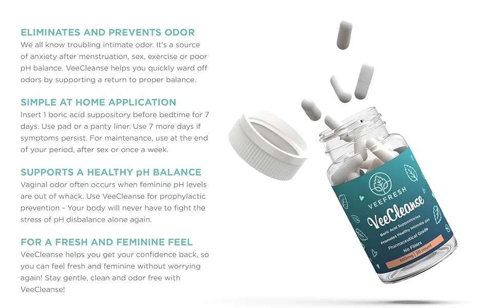 VeeFresh - VeeCleanse Boric Acid Vaginal Suppositories  Suppository Applicator - Vaginal pH Balance Suppositories - Vaginal Odor Control - Feel Fresh Feminine and Confident Veecleanse  1 aplicator - description