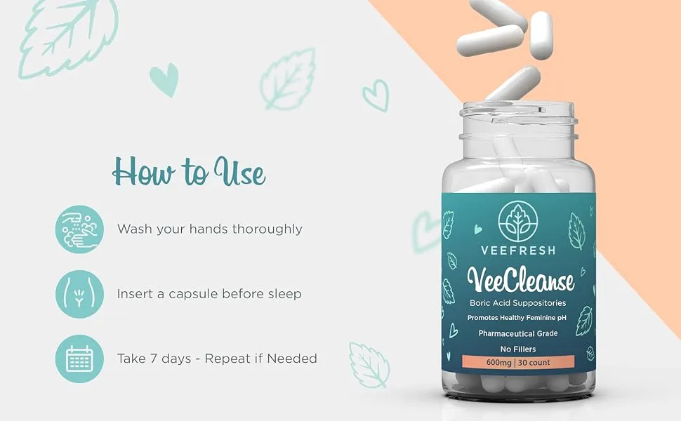VeeFresh - VeeCleanse Boric Acid Vaginal Suppositories  Suppository Applicator - Vaginal pH Balance Suppositories - Vaginal Odor Control - Feel Fresh Feminine and Confident Veecleanse  1 aplicator - details