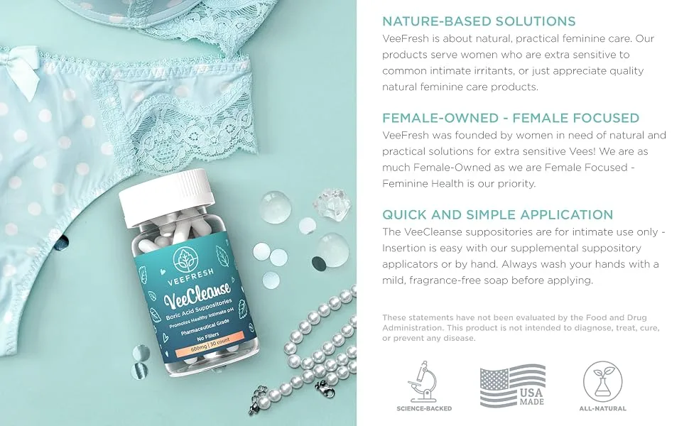 VeeFresh - VeeCleanse Boric Acid Vaginal Suppositories  Suppository Applicator - Vaginal pH Balance Suppositories - Vaginal Odor Control - Feel Fresh Feminine and Confident Veecleanse  1 aplicator - howtouse