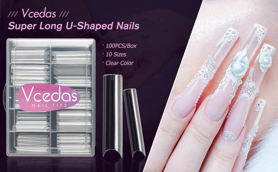 Vcedas Extra Long C Curve Nail Tips Half Cover 100PCS Extra Long Straight Square Tips for Acrylic Nails with Box 100PCS C Curve Half Cover - C curve long nail tips