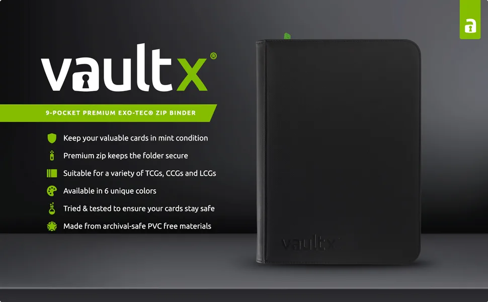 Vault X Premium Exo-Tec Zip Binder - 9 Pocket Trading Card Album Folder - 360 Side Loading Pocket Binder for TCG Black - Vault X Premium eXo-Tec Zip Binder 9 Pocket