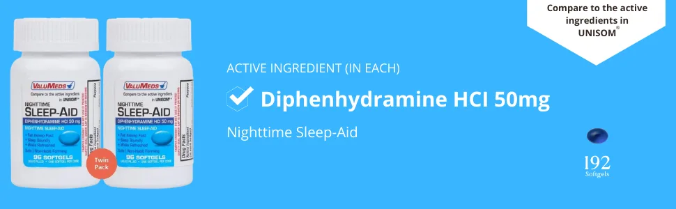 ValuMeds Nighttime Sleep Aid (Twin Pack - 192 Softgels) Diphenhydramine HCl 50 mg  Supports Deeper Restful Sleeping for Men Women - body