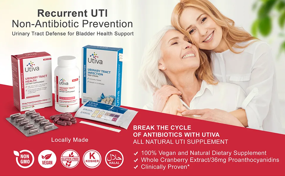 UTIVA UTI Test Strips: Urinary Tract Infection Home Test Strips. UTI Detection. Clinically Accurate. Tests Leukocytes and Nitrite. 3 Individually Packaged Tests. Made by Szio - Cranberry supplement, urinary tract, bladder health supplement, uti support, cranberry extract
