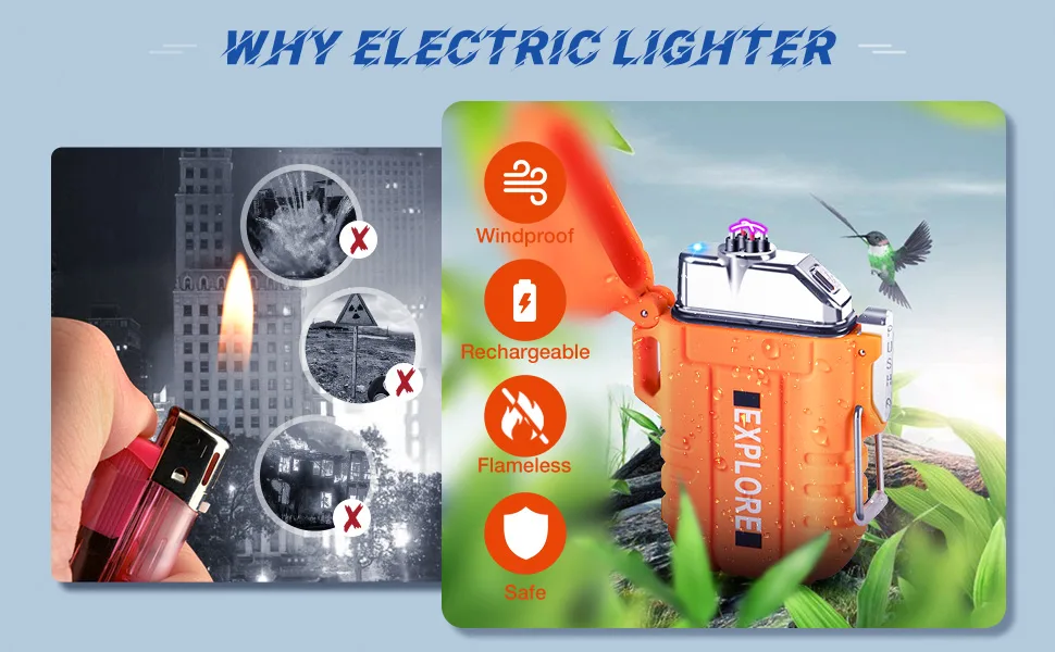 USB Rechargeable LighterWindproof Arc Lighter WaterproofFlameless Electric LighterDual Arc Plasma Lighter with Emergency Whistle for Outdoor AdventureSurvival TacticalCamping Gadgets (Orange) - waterproof lighter
