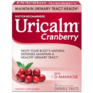 Uricalm Cranberry Daily Dietary Supplement Chewable with D-Mannose Berry 60 Count - Package of Uricalm Cranberry