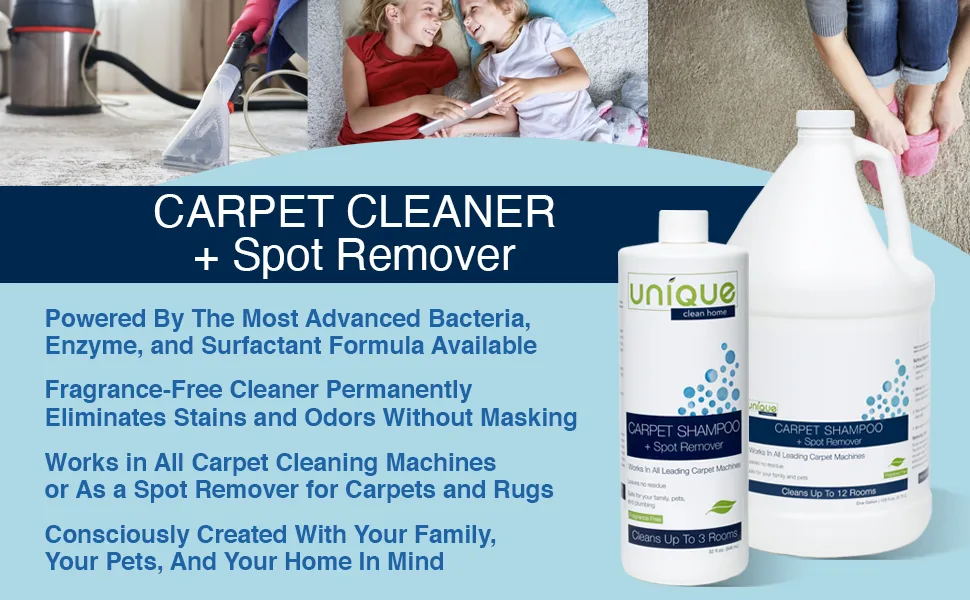 Unique Carpet Shampoo and Carpet Stain Remover - Liquid Concentrate - Bio-Enzymatic for Use in All Machines Leaves No Residue 32 oz. Concentrate - carpet cleaner, carpet shampoo, spot remover, fragrance-free carpet cleaner, enzyme carpet cleaner