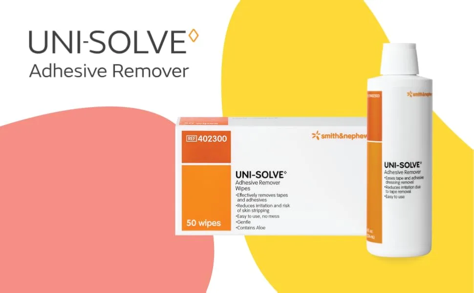Uni Solve - 402300 Adhesive Remover Wipes 50 Each 1 - A bottle of UNI-SOLVE adhesive remover and a box of UNI-SOLVE adhesive-remover wipes.