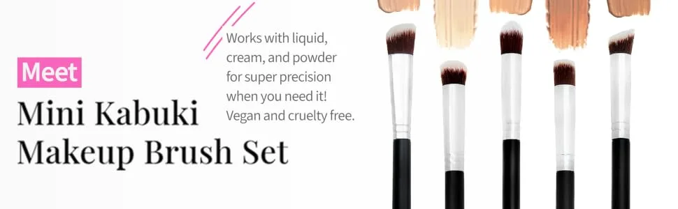Under Eye Concealer Brush - Beauty Junkees Mini Flat Top Kabuki with Synthetic Bristles for Concealing Blending Setting Buffing with Powder Liquid Cream Cosmetics Vegan Makeup Brushes - Meet Mini Kabuki Makeup Brush Set