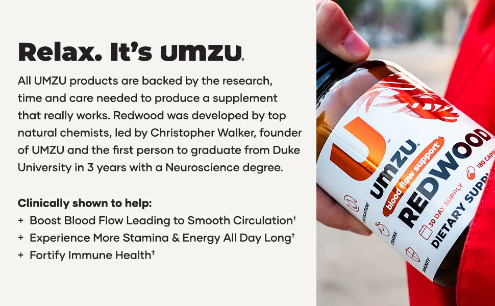 UMZU Redwood Nitric Oxide Booster Capsules - 30 Day Supply - N.O. Supplement for Circulatory Support - Relax. It