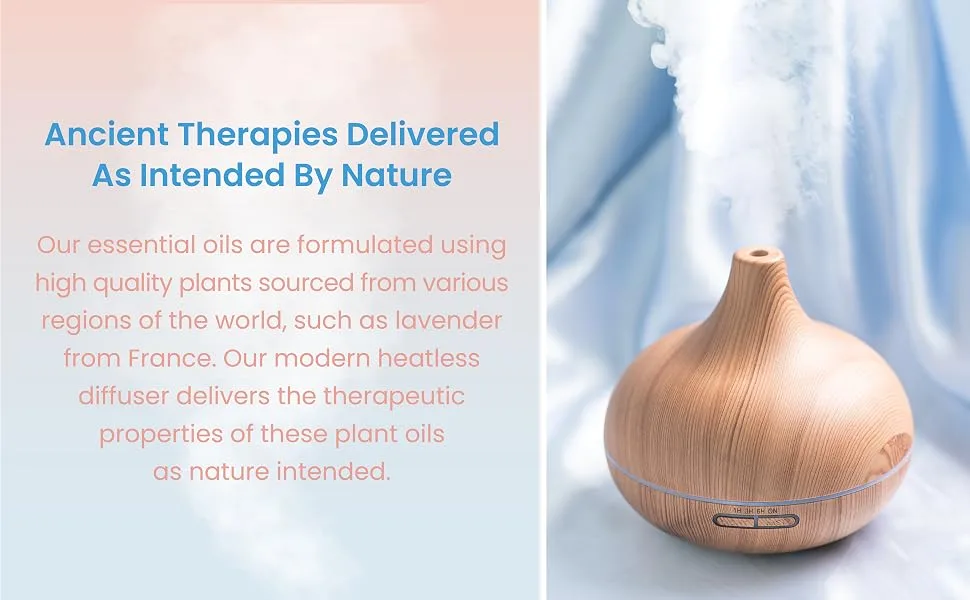 Ultimate Aromatherapy Diffuser  Essential Oil Set - Ultrasonic Diffuser  Top 10 Essential Oils - Modern Diffuser with 4 Timer  7 Ambient Light Settings - Therapeutic Grade Essential Oils - Lavender - Ancient therapies delivered as intended by nature