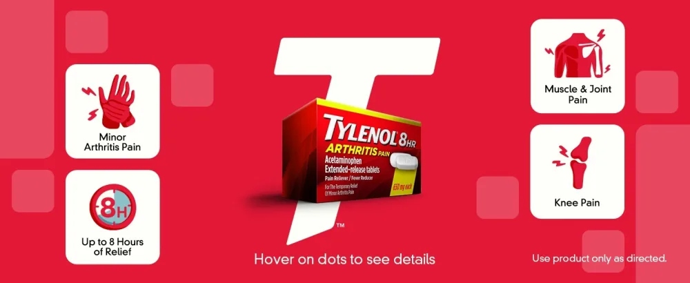 Tylenol 8 Hour Arthritis  Joint Pain Acetaminophen Caplets 100 Count Arthritis Tablets-100 ct - Tylenol Arthritis Pain Relief Product Packaging
