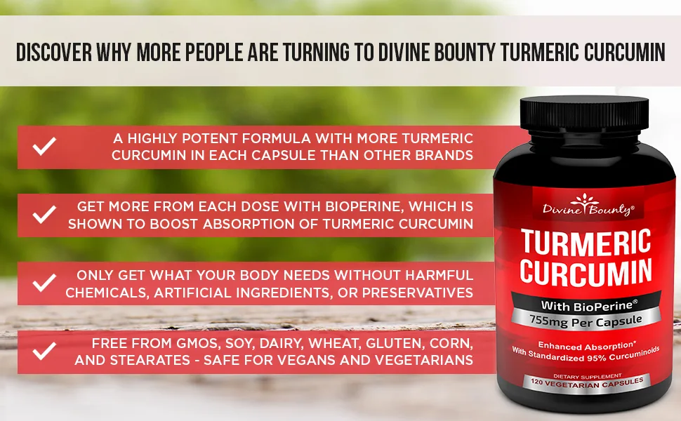 Turmeric Curcumin with BioPerine Black Pepper Extract - 755mg per Capsule 120 Veg. Capsules - GMO Free Tumeric Standardized to 95 Curcuminoids for Maximum Potency - divine bounty turmeric curcumin
