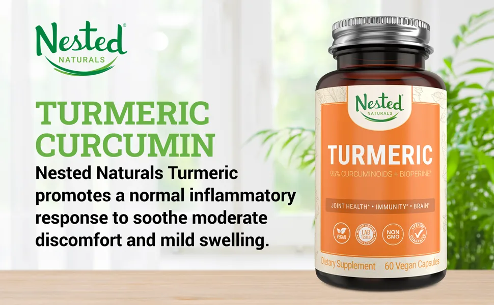 Turmeric Curcumin with BioPerine (Black Pepper Extract)  1000mg Pure Turmeric Root Extract with 95 Curcuminoids  100 Vegan  Non-GMO  Joint Support  Healthy Inflammatory Response Supplement - Nested Naturals