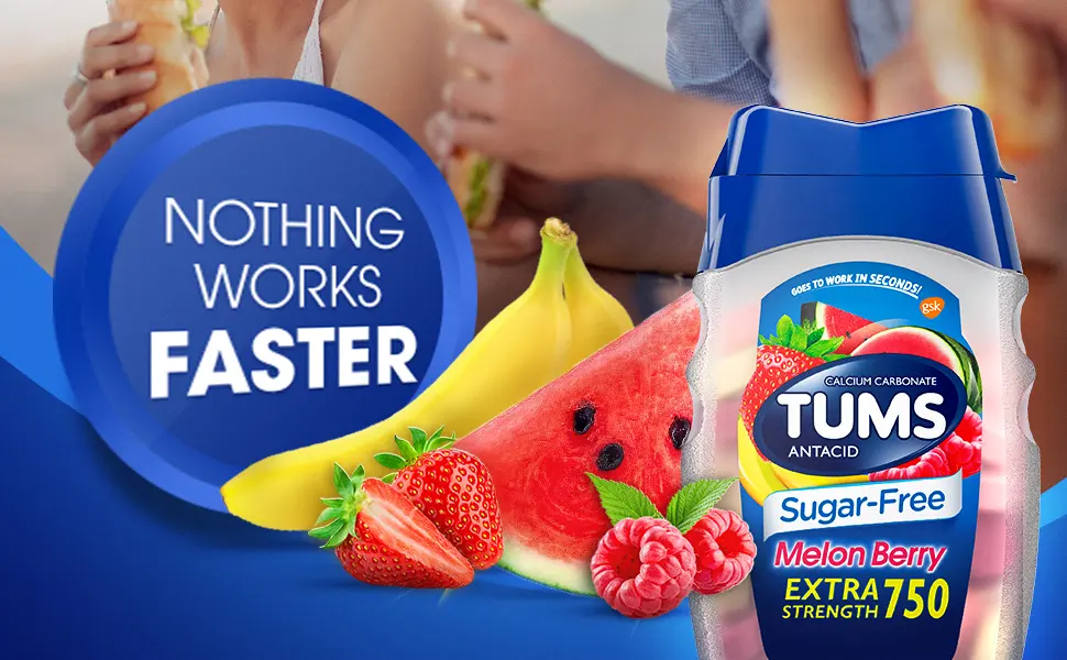 TUMS Extra Strength Chewable Sugar Free Antacid Tablets for Heartburn Relief Melon Berry - 80 Count Melon Berry 80 Count (Pack of 1) - TUMS Chewy Bites Extra Strength Assorted Berries