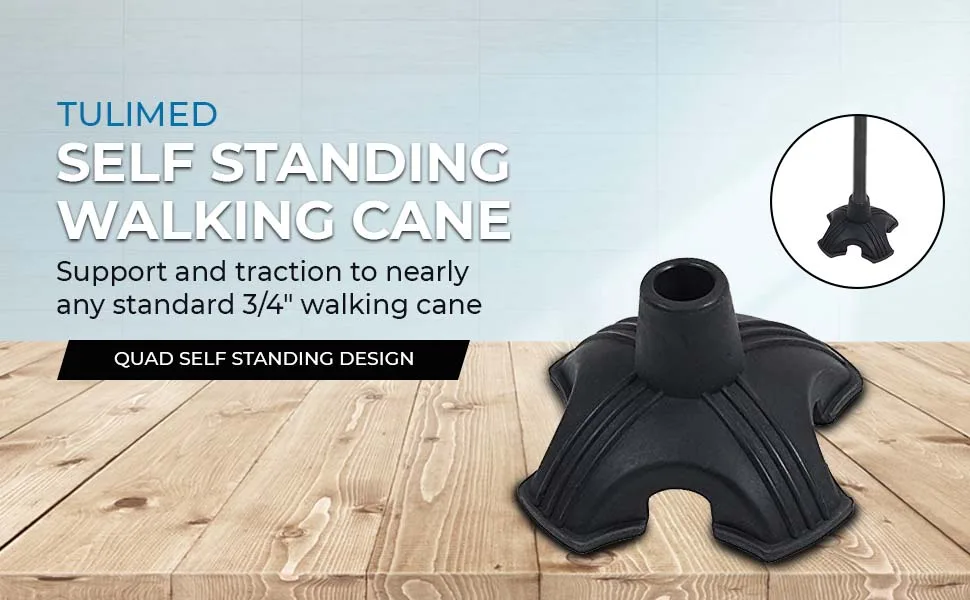 Tulimed Quad Self Standing Walking Cane Tip - Quadruple Pod Walking Stick Replacement Stand Alone Base - Mobility Aid for Stability Safety Comfort and Convenience - Tulimed Quad Self Standing Walking Cane Tip - Quadruple Pod Walking Stick