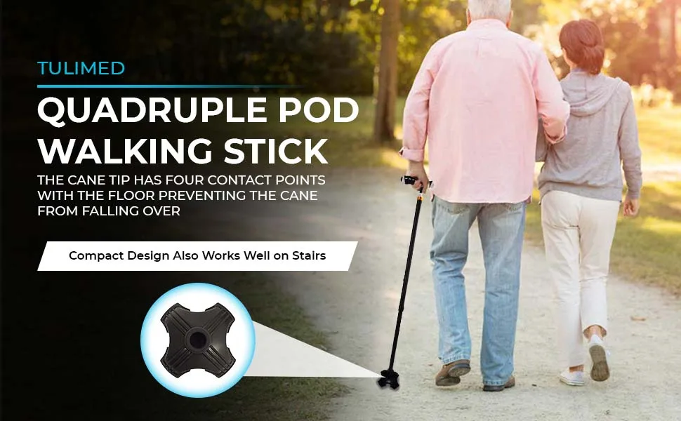 Tulimed Quad Self Standing Walking Cane Tip - Quadruple Pod Walking Stick Replacement Stand Alone Base - Mobility Aid for Stability Safety Comfort and Convenience - Tulimed Quad Self Standing Walking Cane Tip - Quadruple Pod Walking Stick
