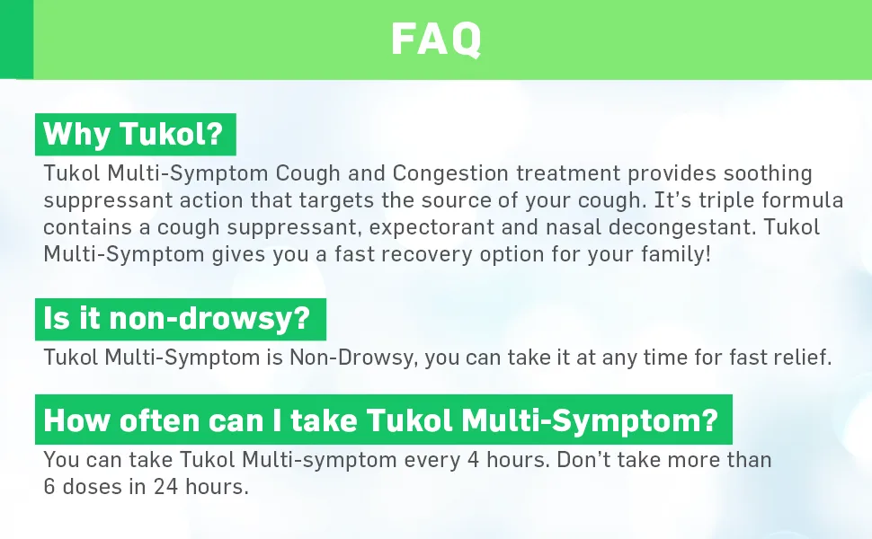 TUKOL Cough  Congestion Treatment Cough Suppressant and Nasal Decongestant Multi-Symptom Cold Relief Syrup 4 fl oz - product information 4