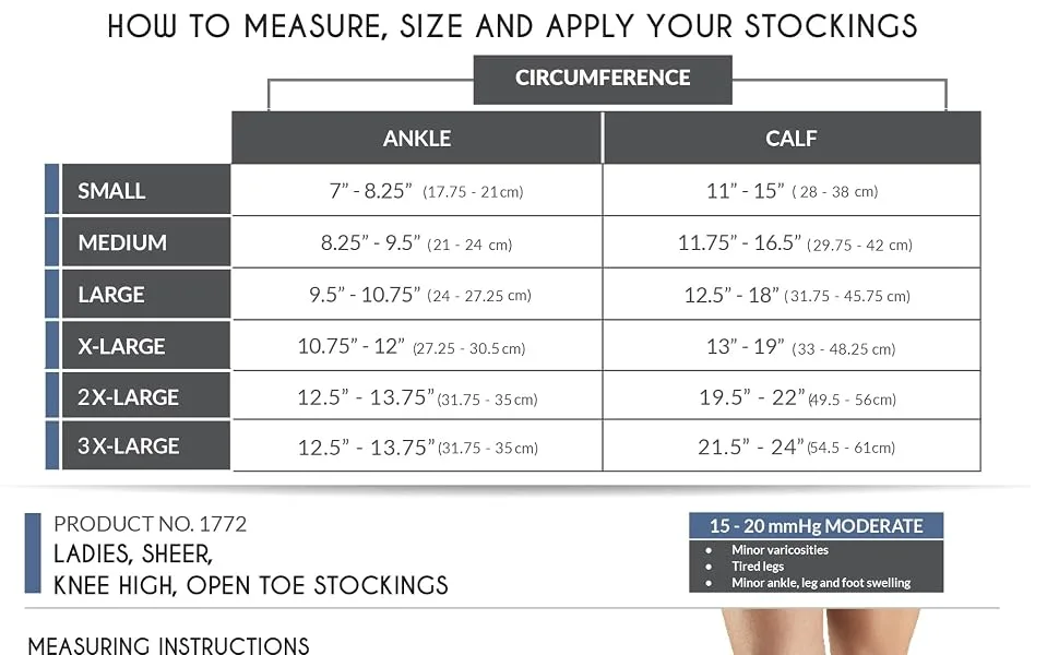 Truform Sheer Compression Stockings 15-20 mmHg Womens Knee High Length Open Toe 20 Denier Nude Large Large (1 Pair) Nude - Size Chart