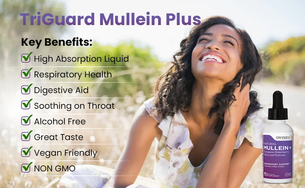 TriGuard Mullein Plus - Mullein Leaf Extract Elderberry Extract  Olive Leaf Extract 2 fl oz  Supports Healthy Respiratory Function  Immune System  Alcohol-Free Non-GMO  Tastes Great - Vegan, tastes great non gmo