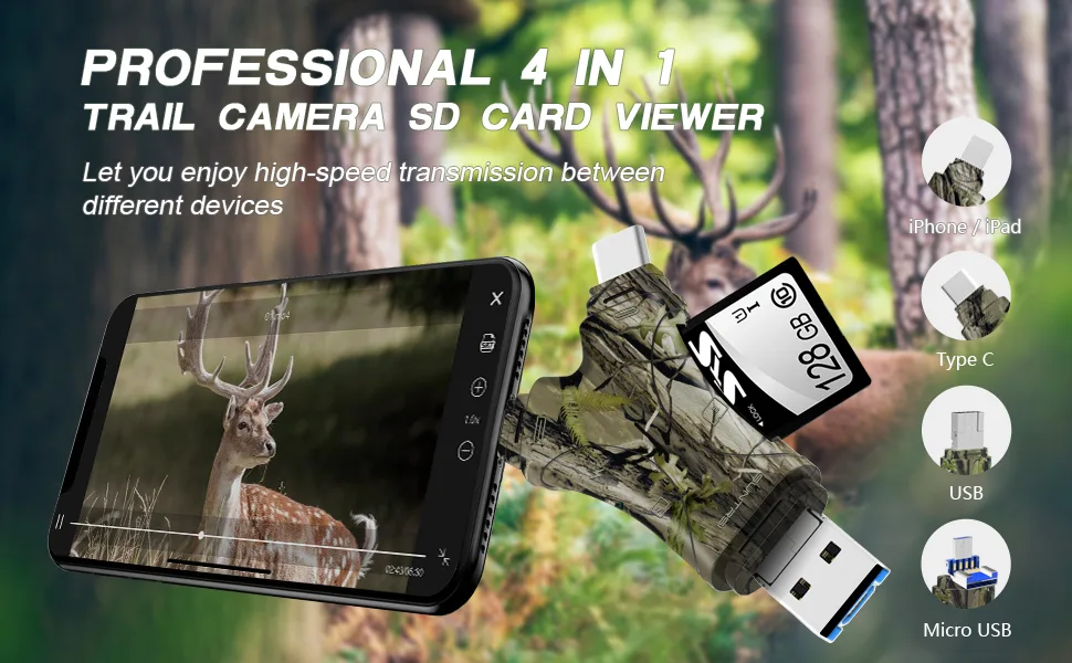 Trail Camera Viewer SD Card Reader4 in 1 SD and Micro SD Memory Card Reader Compatible with iPhoneipad Trail Camera SD Card Viewer to View Hunting Game Camera Photos or Videos on Smartphone Camo - sd card reader for iphone