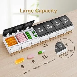 TookMag Extra Large Weekly Pill Organizer 2 Times a Day Push Button AM PM Pill Box Easy Open 7 Day Pill Cases for PillsVitaminFish OilSupplements - E-353-Z A+8