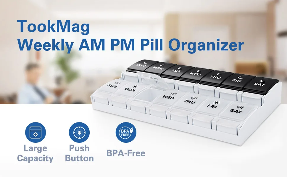 TookMag Extra Large Weekly Pill Organizer 2 Times a Day Push Button AM PM Pill Box Easy Open 7 Day Pill Cases for PillsVitaminFish OilSupplements - E-353-Z banner