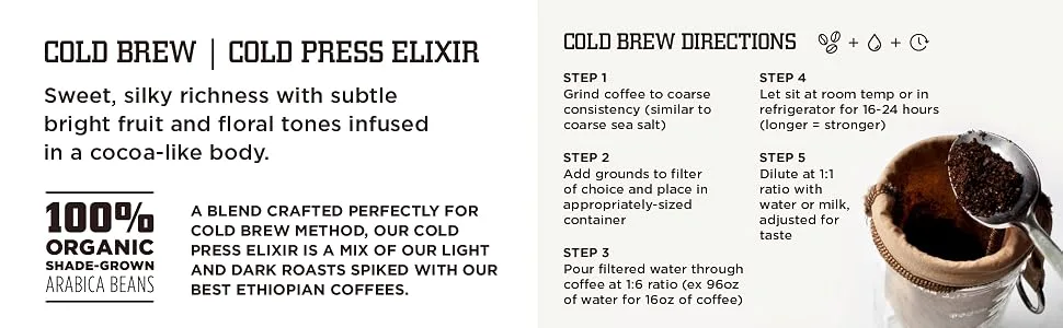 Tiny Footprint Coffee USDA Organic Cold Brew  Press Elixir Ground Coffee Carbon Negative 16 Ounce Ground 1 Pound (Pack of 1) - Cold Brew Coffee, Directions, 100% Organic