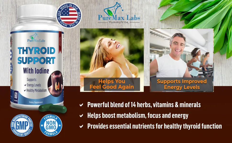 Thyroid Support with Iodine - Metabolism Booster Energy Booster Increase Focus - Premium Non-GMO Thyroid Supplement 60 Capsules - Thyroid Support with Iodine